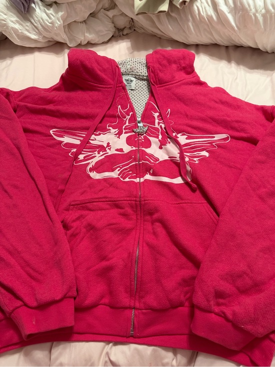 Boys Lie Tops - Boys Lie Hot Pink Zip-Up Hoodie with White Angel
